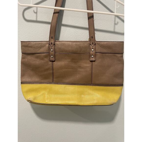 Fossil Women’s Mustard Yellow Brown Leather Tote Key Hole Zip Tote Bag - Picture 2 of 16